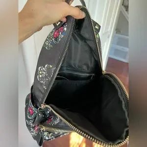 MMS sugar skull black satin colorful print backpack purse diaper bag EUC gold MMS Design Studio | Bags | Mms Sugar Skull Black Satin  main image 2